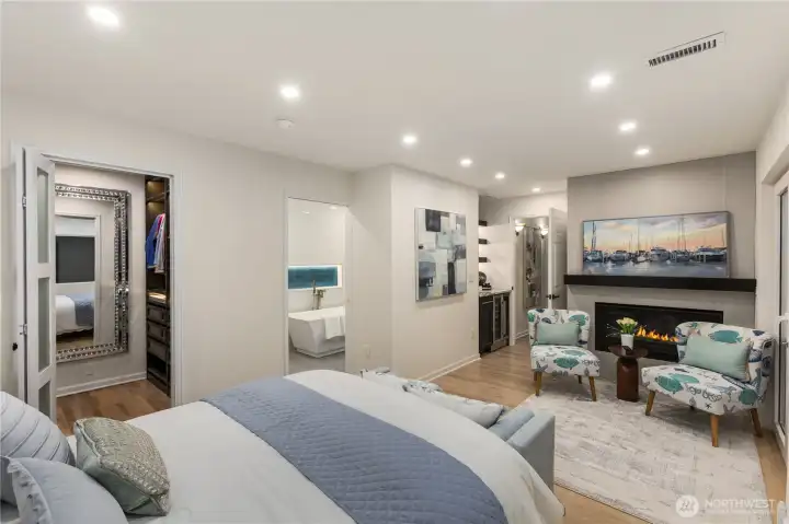 Primary Bath - Walk in Closet, Gas Fireplace, 5 piece bath