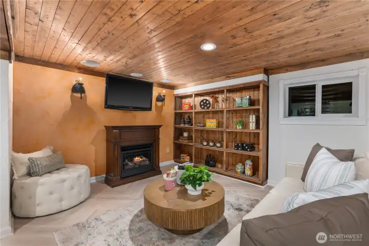 Living Space downstairs with Gas Fireplace