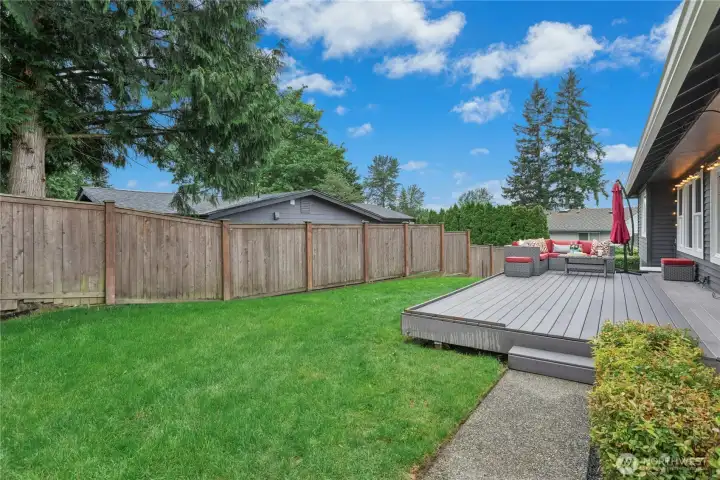 Fully Fenced Backyard  Large level backyard with manicured lawn, mature landscaping, and plenty of space for play, pets, or gardening.