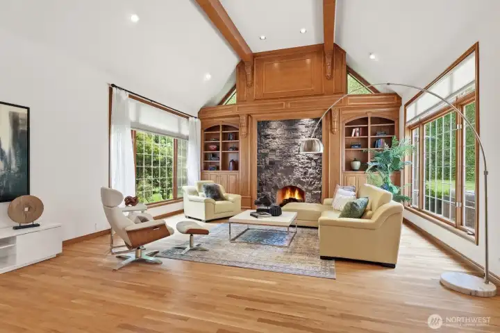 Family room with stone surround fireplace