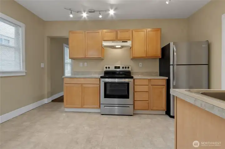 Kitchen with stainless appliances.