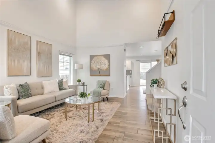 Formal living space is big and bright