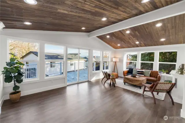 Living area, Vaulted wood finished ceilings and lots of light