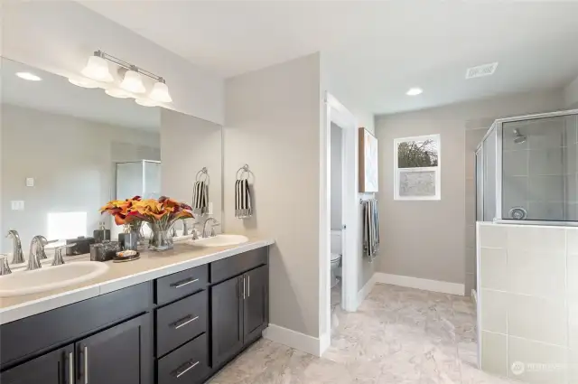 Primary suite bath with duel sinks and large walk-in closet.