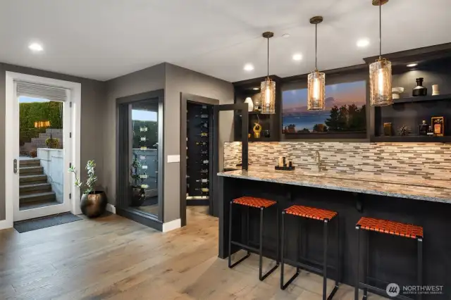 a bar with modern wine cellar,