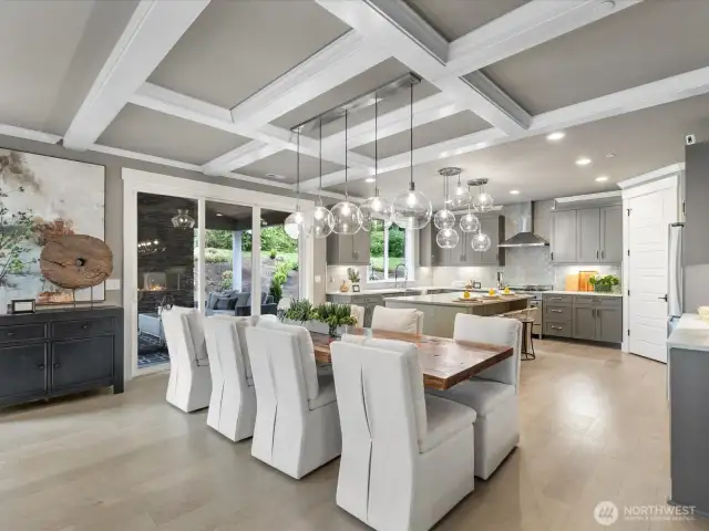Beam ceiling to accent the dining area flowing into kitchen