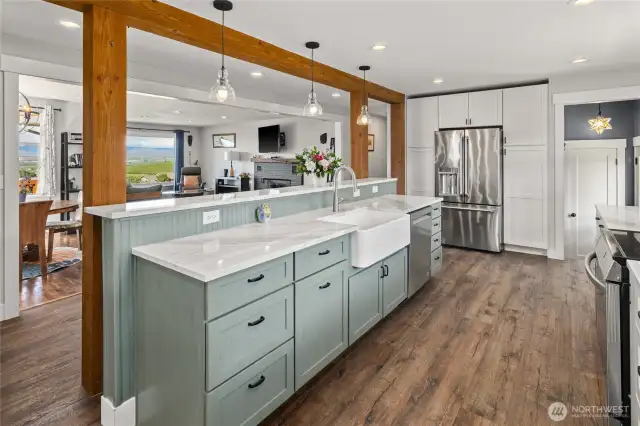Farmhouse sink and custom cabinetry.