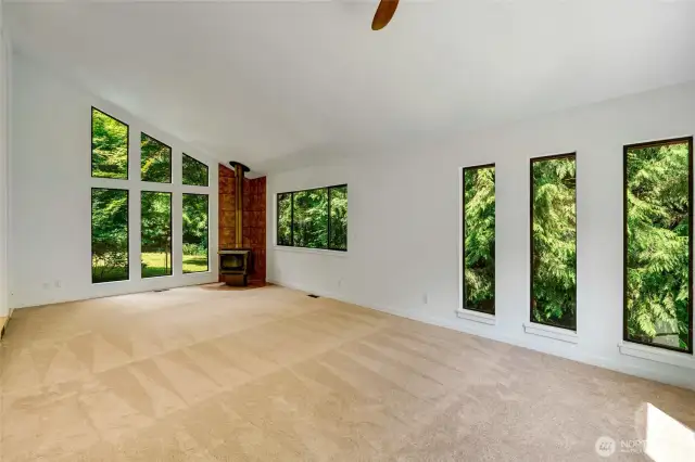 Living Room w/cozy wood stove, many windows for lots of light