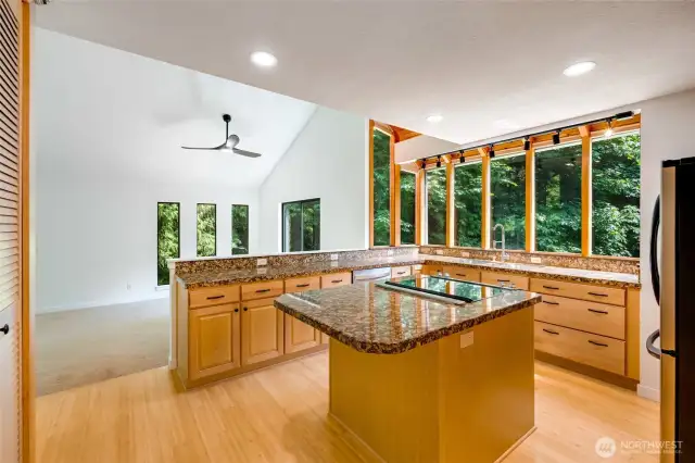 Kitchen w/bar-seating & pretty garden window
