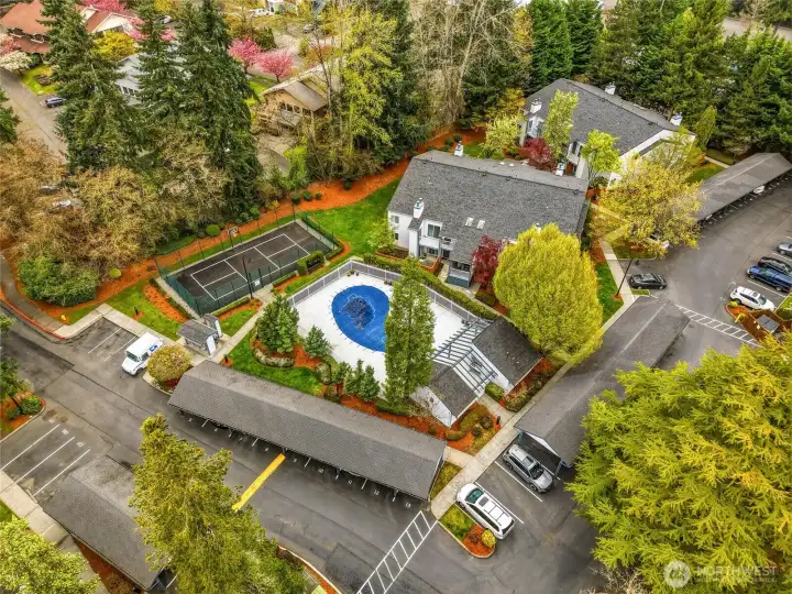 Overhead view of the community with landscaped grounds and shared amenities