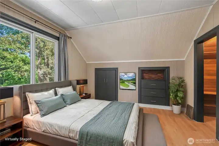 Bedroom #2 with built-ins, virtually staged.