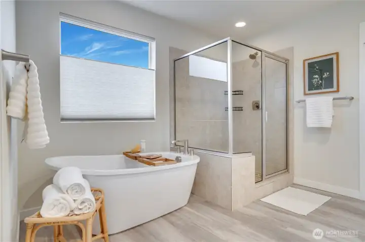 Large soaking tub + tiled shower Large soaking tub + tiled shower