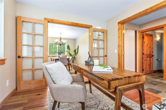 Love this office space! Double french doors, just off front entry w/half bath across foyer