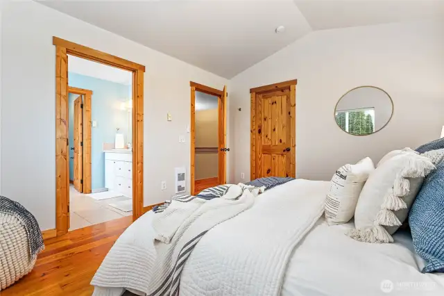 Fresh coat of beautiful neutral paint, gleaming rustic pine floors & split from other bedrooms