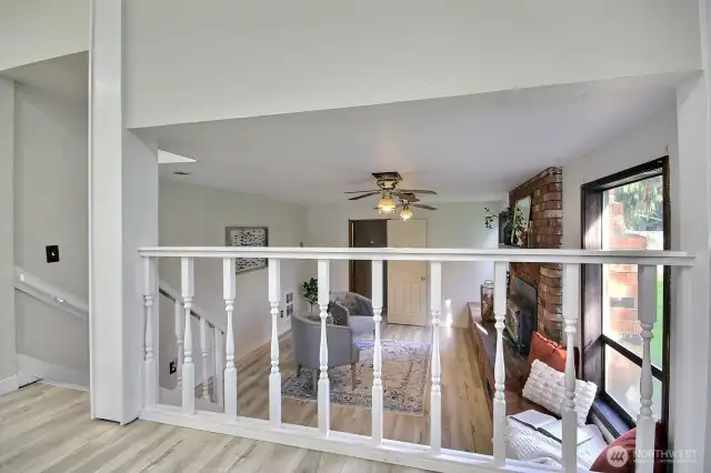 Two steps down to the cozy family room