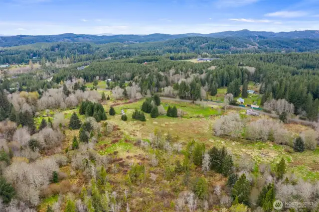 A good look at the lower 47+- acre section below the road. The home on the upper section is visible in the upper right of this photo. You can also see Power's Creek meandering through the lower acreage.