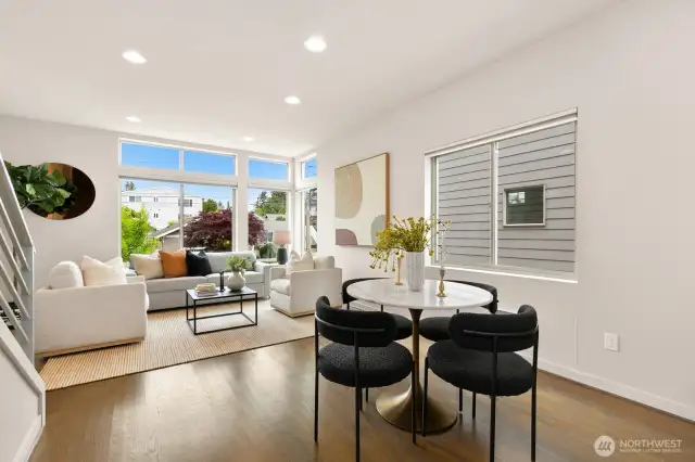 This living area has a wonderful layout and can accommodate lots of seating - as well as a larger dining table.