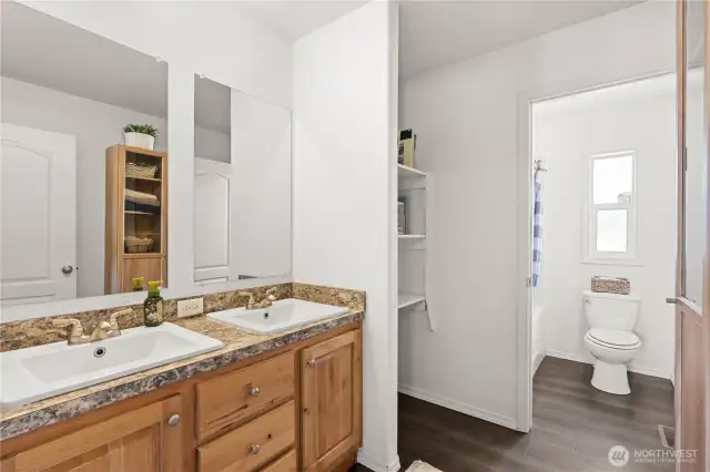 Double sinks and separate shower/water closet