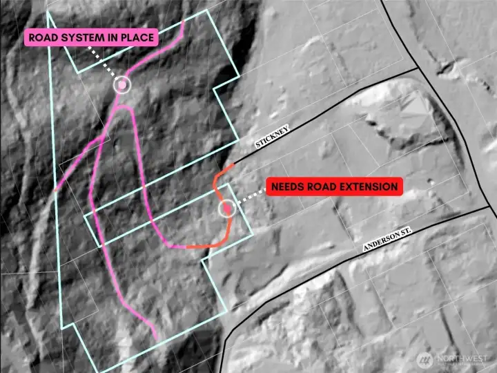 Overhead view with approximate boundaries in blue and the road system highlighted as noted.