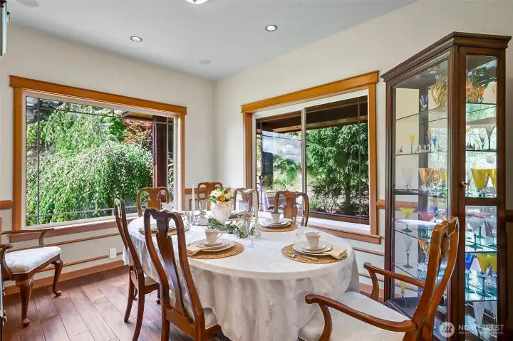 dining room framed by windows