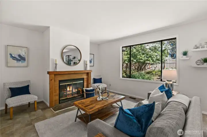 A wood burning fireplace creates a cozy atmosphere on cold winter nights.