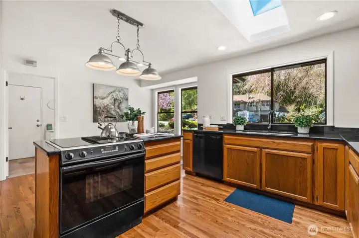 A downdraft stove is featured in the island.  The front yard view makes doing dishes not seem too bad, right?