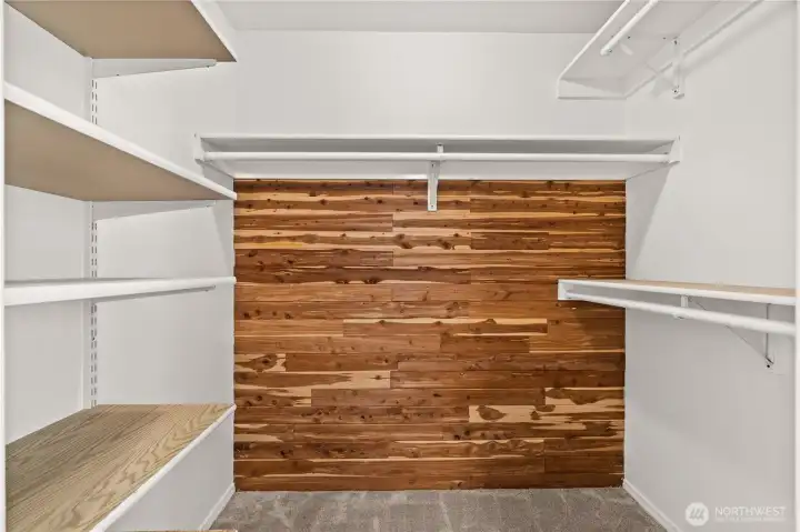 The Primary Closet features a cedar lined wall (a vintage trick to keep insects away from wools, etc)