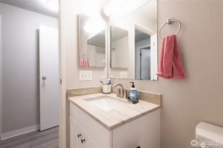 Remodeled secondary bathroom with stylish updates.