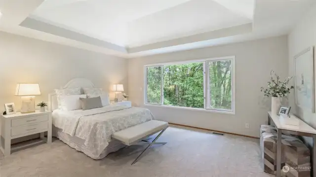 The primary suite has a vaulted tray ceiling and private views into your own large yard.