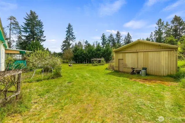 1200 sq ft shop lined with raspberries and yard featuring gardening space, fire pit, Grapes, Apple Tree and paths leading to established ornamental bushes and trees.