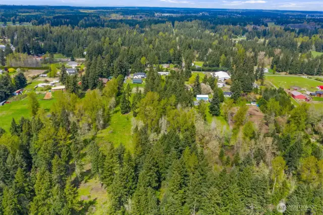 Ariel view of property in the center looking north. The 4.84 Acres is 675 feet from 123rd Ave SE at North end just before the Railroad on South end.