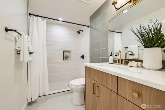 Primary Bathroom with Walk-In Shower, Designer Accent Tile & Penny Tile Floors