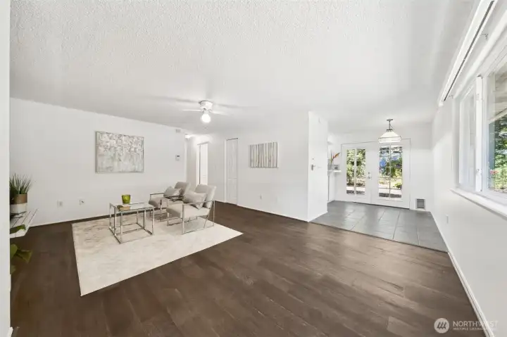 View from entrance.  Home features engineered hardwood