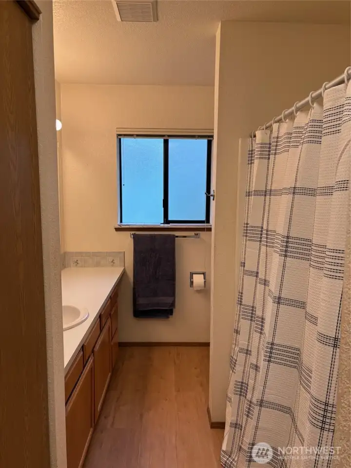 Full bathroom with lots of storage.