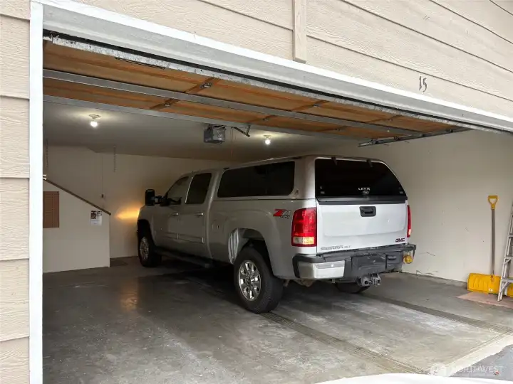 GMC 3500 truck with canopy fits inside this garage!