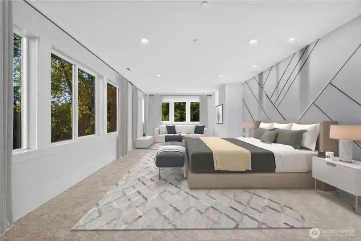 Enjoy this spacious primary bedroom featuring plush carpet and wraparound windows that fill the room with natural light and expansive views.