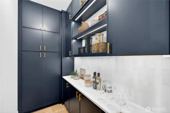 Spacious walk-in butler’s pantry off the kitchen, offering abundant storage and bright, functional lighting.