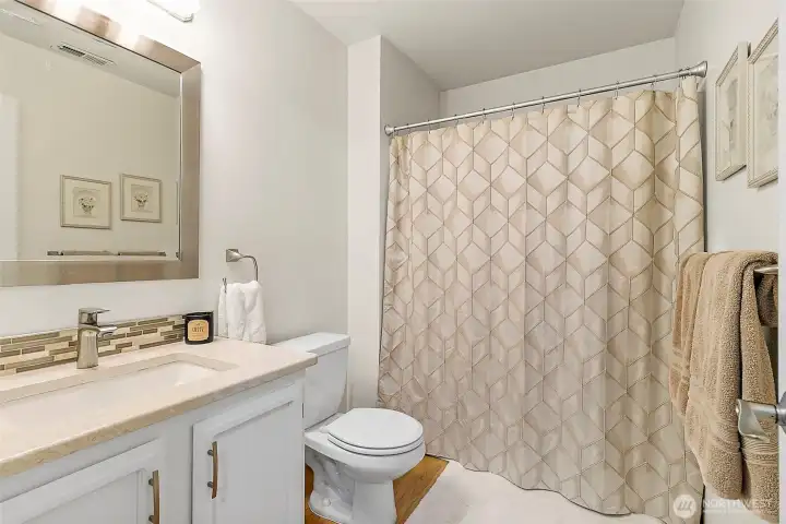 downstairs full bath across from downstairs bedroom