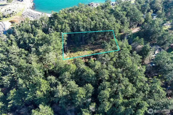 Outlined aerial view showcases the level, partially cleared building site within the desirable Cape San Juan community on San Juan Island.