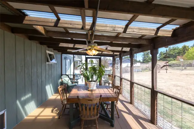 Herre is a view of the large covered screened porch. The roof is designed to let in lifght while still ensuring ample shade. The Ceiling fan helps keep it cool.