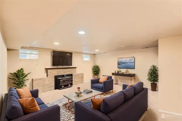 Lower level living area virtually staged