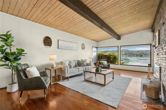 Vaulted ceilings with massive old growth timber beams and natural wood ceilings