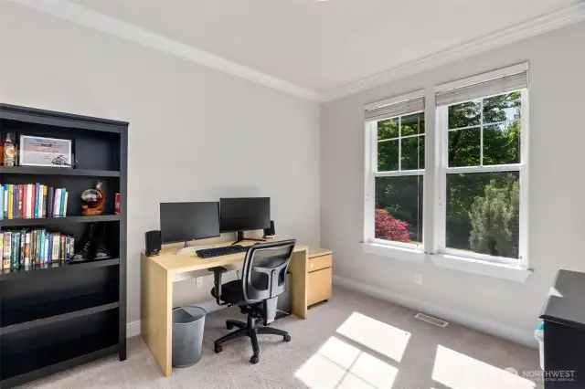 The office/den at the front of the house with crisp white crown moulding