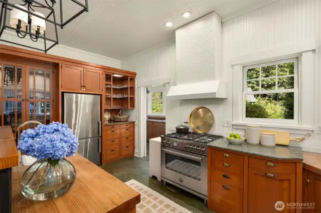 The commercial-grade 5-burner Bertazonni range and oven will please any chef. Just beyond, you see a sliver of the large utility and mud room (see virtual tour). This area includes a huge pantry, a laundry sink, a 2nd freezer, washer and dryer, a door that leads to the mechanical room, and another door that leads out to the side patio and a dog or boot-washing station.