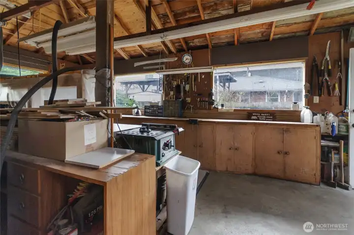 Garage is behind, entry door is to the right. Looking at shop area.