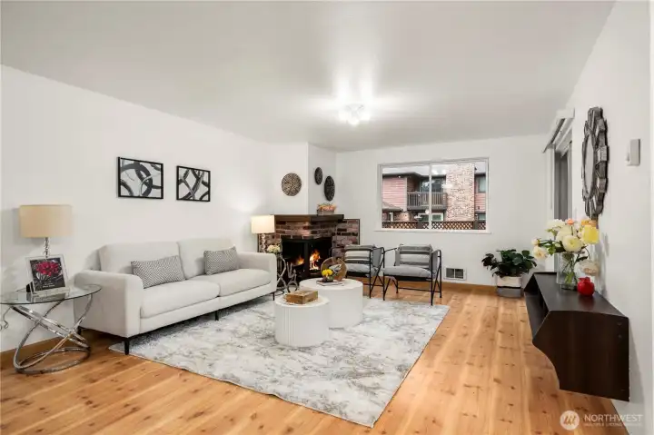 Spacious living space with a cozy fireplace