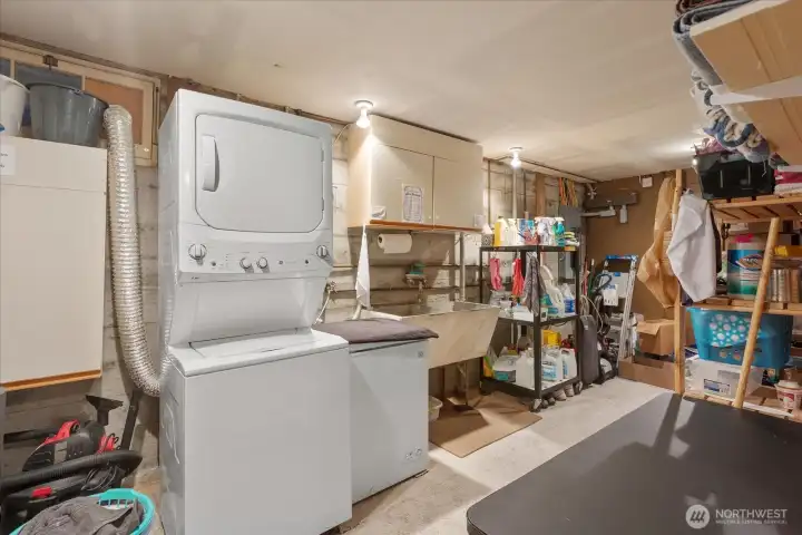 Lower-level utility room with laundry area, deep utility sink, and additional storage space.