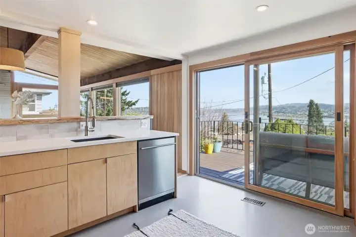 Sliding doors out to the deck from the kitchen.