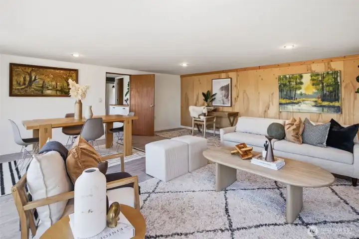 Lower level great room. Space for living, dining and working.