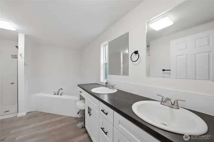 Primary bath featuring soaking tub and dual functionality.